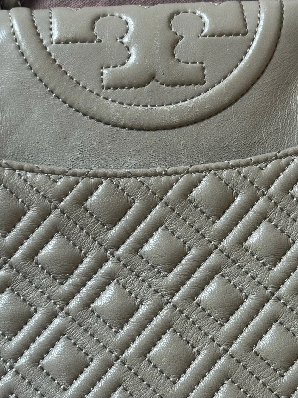 Tory Burch Fleming Convertible Shoulder Bag Taupe Gray Quilted Leather